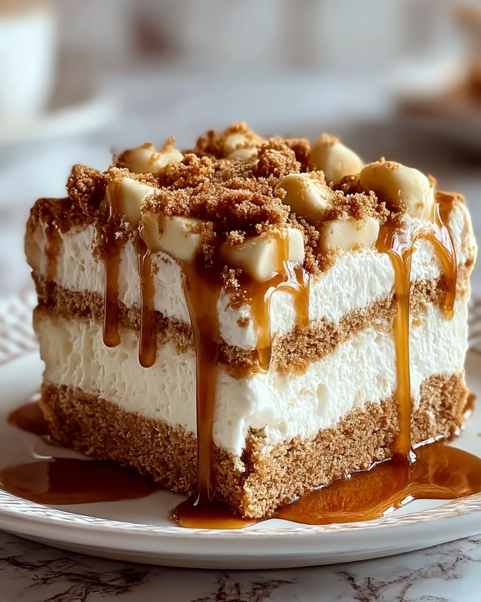 A square slice of layered dessert sits on a white plate with a few crumbs and caramel sauce drips around it. The dessert has three visible layers: a crumbly light brown base, a large thick middle layer of smooth white creamy filling, and a top layer of small white creamy dollops sprinkled generously with fine brown crumbs. Golden caramel sauce drizzles down from the top, running along the sides and pooling slightly on the plate. The background shows a soft focus with a white marbled texture surface beneath the plate. photo taken with an iphone --ar 4:5 --v 7