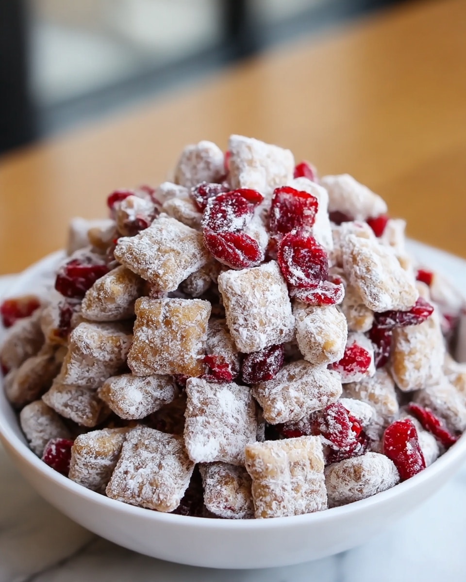 A white bowl filled with many small square cereal pieces coated in white powdered sugar, with scattered bright red dried cranberries mixed evenly throughout the pile. The cereal pieces have a light brown and slightly crisp texture, while the cranberries add a shiny and chewy contrast. The bowl rests on a white marbled surface, and the background is softly blurred to keep the focus on the bowl's contents. photo taken with an iphone --ar 4:5 --v 7