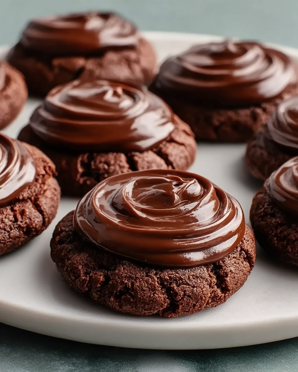 The image shows several chocolate cookies on a white plate, each topped with a thick, shiny swirl of dark chocolate frosting. The cookies are round with a rough, slightly cracked surface and a deep brown color. The glossy frosting sits in a smooth, even layer on top of each cookie, with visible swirled textures that catch the light. The white plate with the cookies rests on a white marbled textured surface. photo taken with an iphone --ar 4:5 --v 7