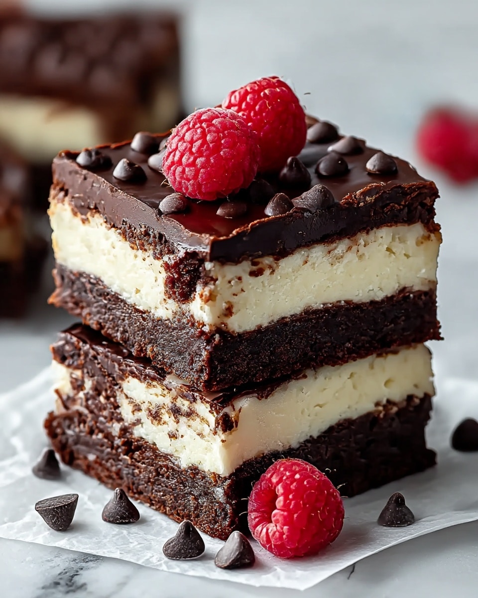 Two square brownies stacked on each other on white parchment paper, with a layer of dark brown chocolate brownie on the bottom, a thick creamy light yellow cheesecake layer in the middle, and a thin dark chocolate cracked layer on top, garnished with two bright red raspberries and small dark chocolate chips on the top brownie, more raspberries, and chocolate chips scattered around the base. The brownies have a moist, dense texture with clean cut edges. The background is a white marbled texture. photo taken with an iphone --ar 4:5 --v 7