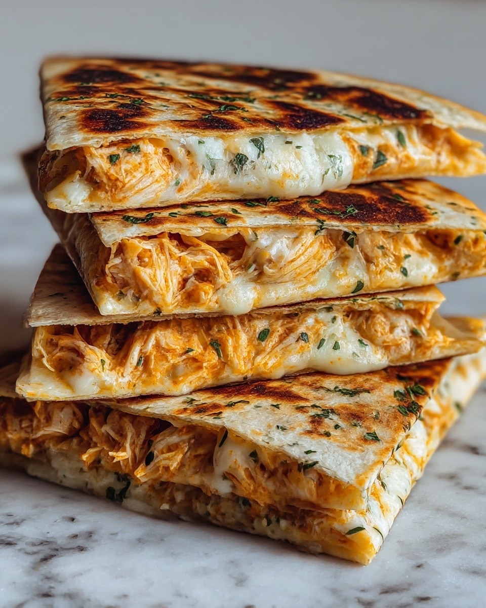 A stack of four folded quesadilla triangles is shown up close on a white marbled surface. Each quesadilla has two toasted tortilla layers that are golden-brown with dark char spots and green herb sprinkles on top. Inside, there are visible layers of shredded orange chicken mixed with melted white cheese that also has green herbs on it. The cheese looks gooey and soft, slightly oozing between the chicken pieces. The quesadillas are stacked unevenly, showing the filling clearly from the front view. photo taken with an iphone --ar 4:5 --v 7