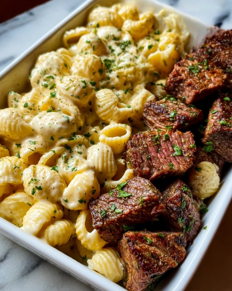 Steak Bites and Shell Pasta in Garlic Butter Alfredo Sauce Recipe