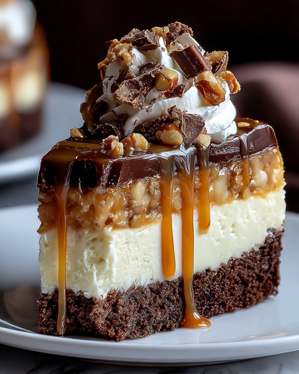 A slice of rich dessert with four clear layers is displayed on a white plate. The bottom layer is dark brown, moist chocolate cake with a rough texture. Above it is a creamy white cheesecake layer, smooth and dense. On top of this is a nutty caramel layer, golden brown with bits of nuts inside, looking sticky and thick. The slice is topped with a shiny dark chocolate layer, glossy and smooth, with caramel sauce dripping down the sides. A dollop of white whipped cream sits above the chocolate topped with crushed chocolate pieces and more caramel drizzle. The background has a soft dark blur with the plate placed on a white marbled texture. Photo taken with an iphone --ar 4:5 --v 7