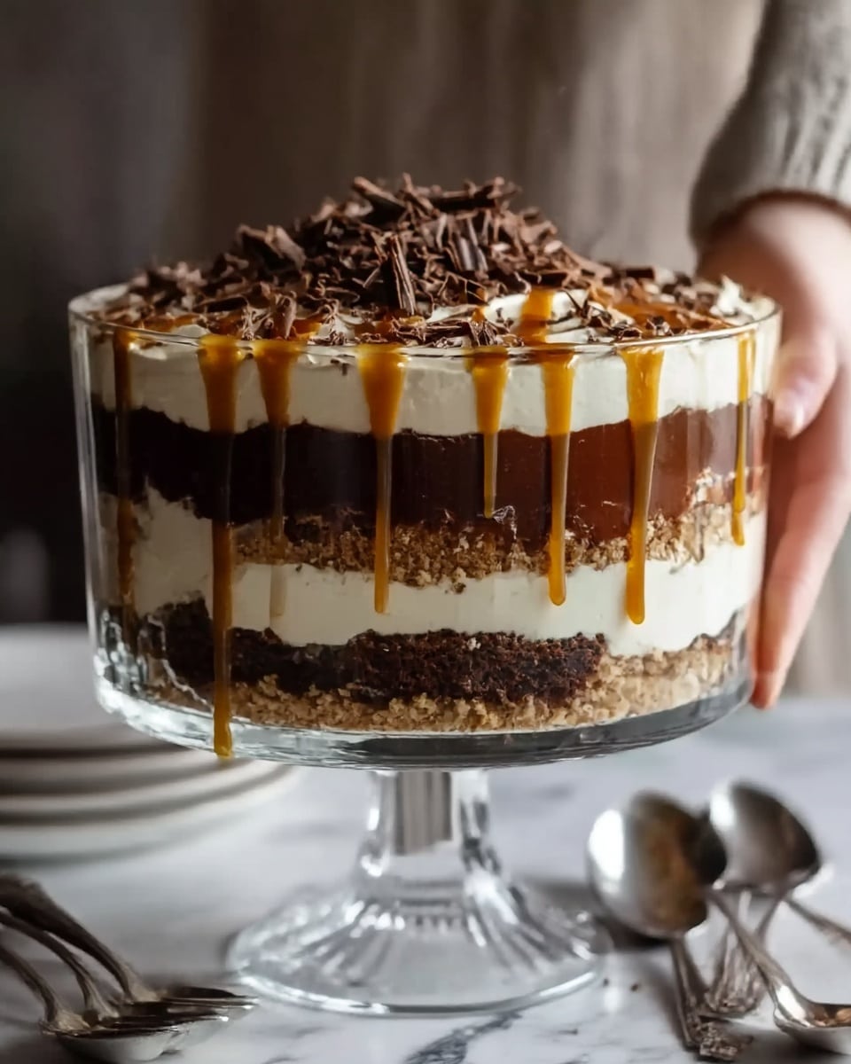 A clear glass trifle bowl filled with five visible layers: the bottom layer is crushed light brown cookies, followed by a thick dark chocolate cake layer, then a creamy off-white mousse layer with a smooth texture, next a glossy dark chocolate layer, and topped with a generous creamy layer that is drizzled with golden caramel sauce and sprinkled with dark chocolate shavings. The glass bowl is set on a white marbled surface with blurred silver spoons around it, and a woman's hand gently touching the side of the bowl. photo taken with an iphone --ar 4:5 --v 7
