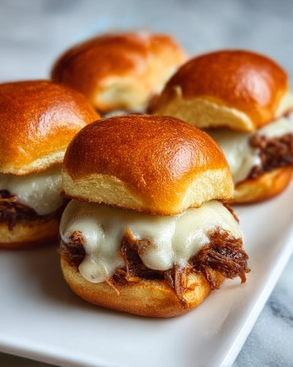 The image shows four small sandwiches arranged in a row on a white plate, each sandwich made of a shiny, golden-brown soft bun. The bottom bun has a layer of tender, dark brown shredded meat topped with melted white cheese that looks creamy and slightly gooey, with some bits stretching over the meat. The top bun rests lightly on the cheese, completing the sandwich. The background and surface beneath the plate feature a clean white marbled texture. photo taken with an iphone --ar 4:5 --v 7