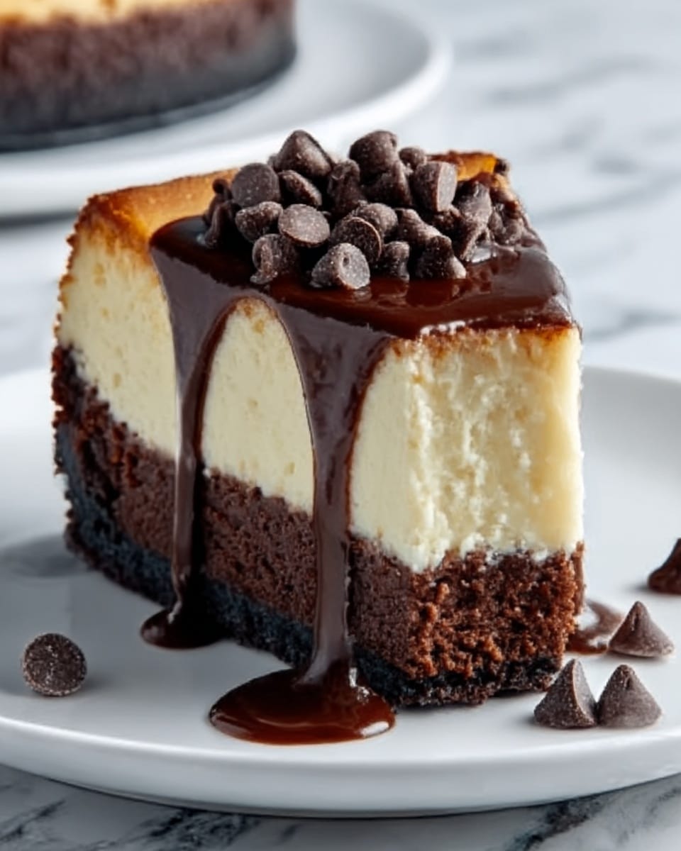 A slice of cheesecake with two layers rests on a white plate against a white marbled surface. The bottom layer is thick and dark brown, looking like rich chocolate cake, while the top layer is creamy light beige, typical of cheesecake. On top, there are small chocolate chips piled in the center. Thick, glossy chocolate sauce drips down from the top over the edges, pooling slightly at the base. A few chocolate chips are scattered around the plate. The photo taken with an iphone --ar 4:5 --v 7