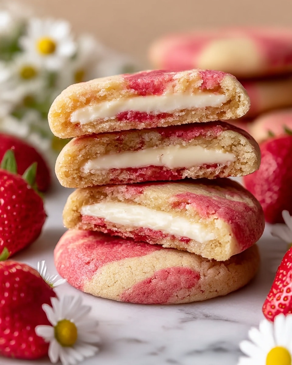A close-up view of a stack of four soft cookies with a marbled design of pink and light beige colors on the outside. The top two cookies are broken in half and placed with the inside facing forward, showing a creamy white filling layer about one-third thick inside each cookie. The cookies sit on a white marbled surface with fresh red strawberries and small white daisies with yellow centers scattered around. The texture of the cookie dough is soft and slightly crumbly, while the filling looks smooth and creamy. The photo taken with an iphone --ar 4:5 --v 7