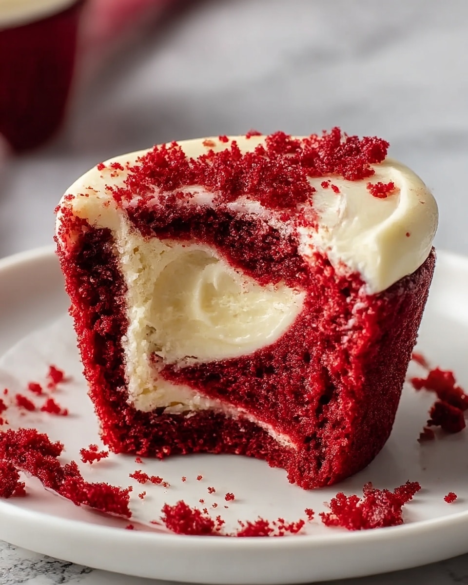 The image shows a red velvet cupcake with a bite taken out of it, placed on a white plate. The cupcake has three visible layers: the outer layer is deep red and crumbly, covering the entire cupcake and some crumbs scattered on the plate; inside, the middle layer consists of smooth white cream cheese filling with a soft texture, forming a thick swirl in the center; the bottom layer is the same deep red cake with a moist, fluffy texture. A white marbled surface is in the background, making the red and white colors stand out clearly. photo taken with an iphone --ar 4:5 --v 7
