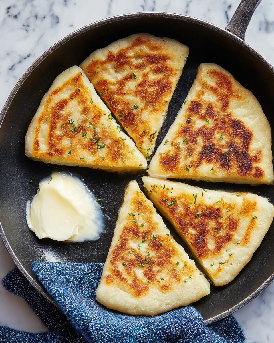 Five triangular pieces of golden-brown fried flatbread are arranged in a black pan, with each piece showing a crispy, unevenly browned texture on the surface and a few green herb specks sprinkled on top. One piece is slightly separated from the rest, revealing the soft inside, and next to it is a small dollop of creamy white butter partly melted, blending into the pan’s surface. The pan sits on a white marbled textured surface with a blue cloth underneath. photo taken with an iphone --ar 4:5 --v 7
