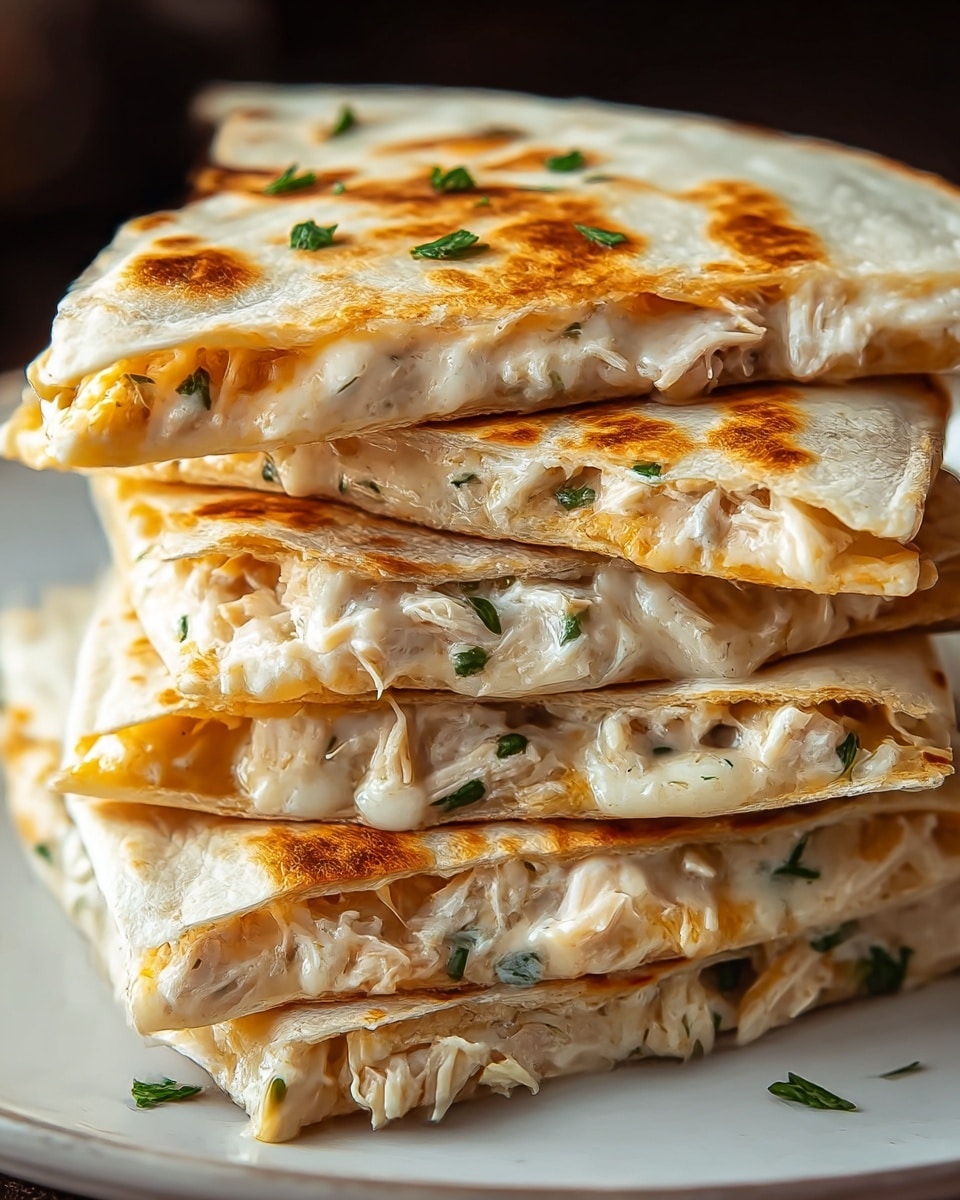 A stack of four folded quesadilla slices is shown on a white plate, each slice revealing three layers: the top and bottom layers are golden-brown toasted flour tortillas with light charred spots, and inside there is a creamy melted cheese layer mixed with shredded white chicken and bits of green herbs. The texture of the tortillas is soft with crisp edges, and the cheese looks smooth and gooey, slightly oozing out between the layers. Small green herb pieces are sprinkled on the top tortilla, adding a fresh contrast to the warm colors of the dish. Photo taken with an iphone --ar 4:5 --v 7