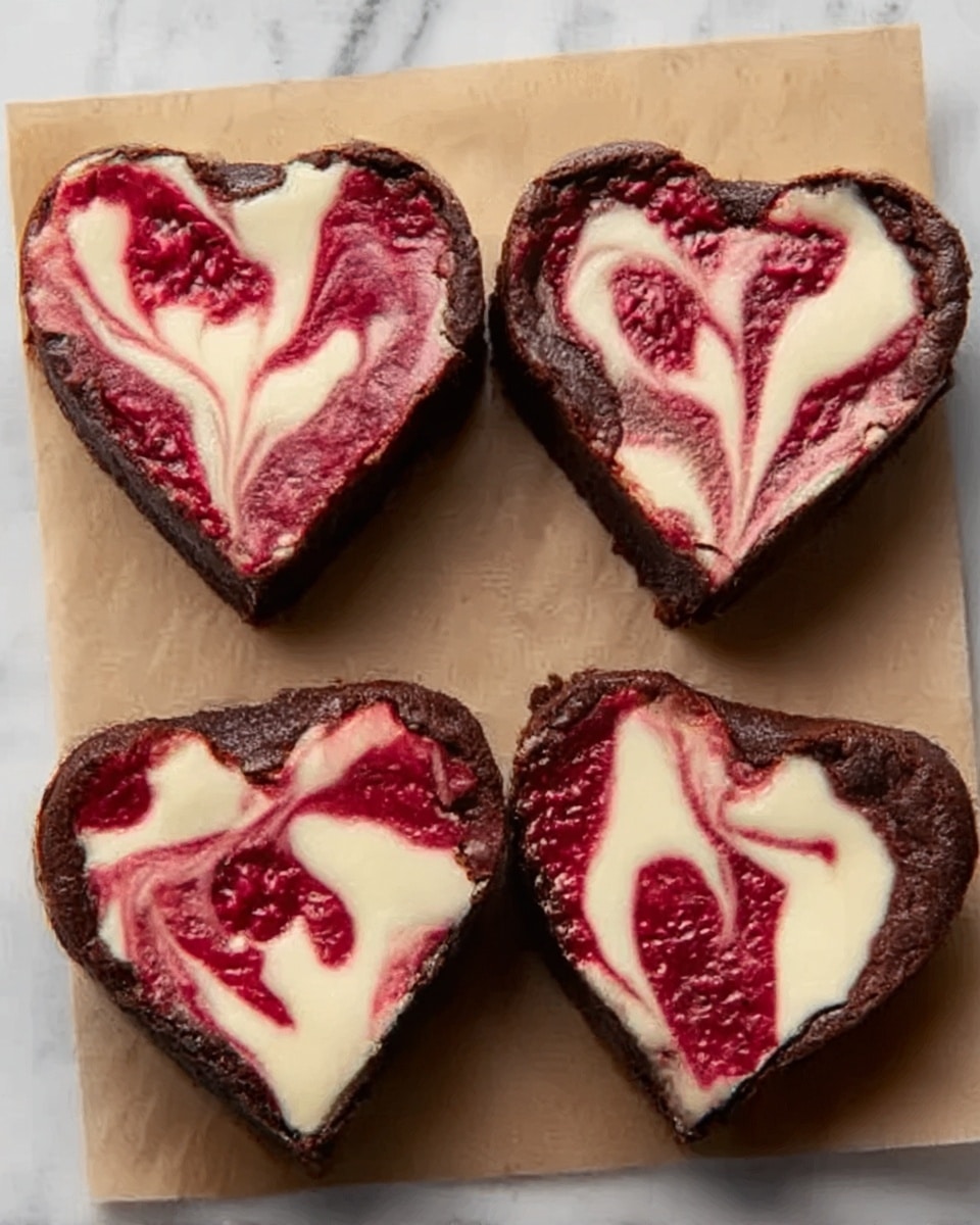 Four heart-shaped brownies are placed on light brown parchment paper over a white marbled surface. Each brownie has a dark chocolate base with a creamy white swirl pattern mixed with bright red raspberry sauce on the top, creating a marbled look. The edges of the brownies are slightly raised and firm, while the top surface shows smooth, swirled colors blending together. The arrangement is in a square formation, with each brownie showing a unique swirl shape. photo taken with an iphone --ar 4:5 --v 7