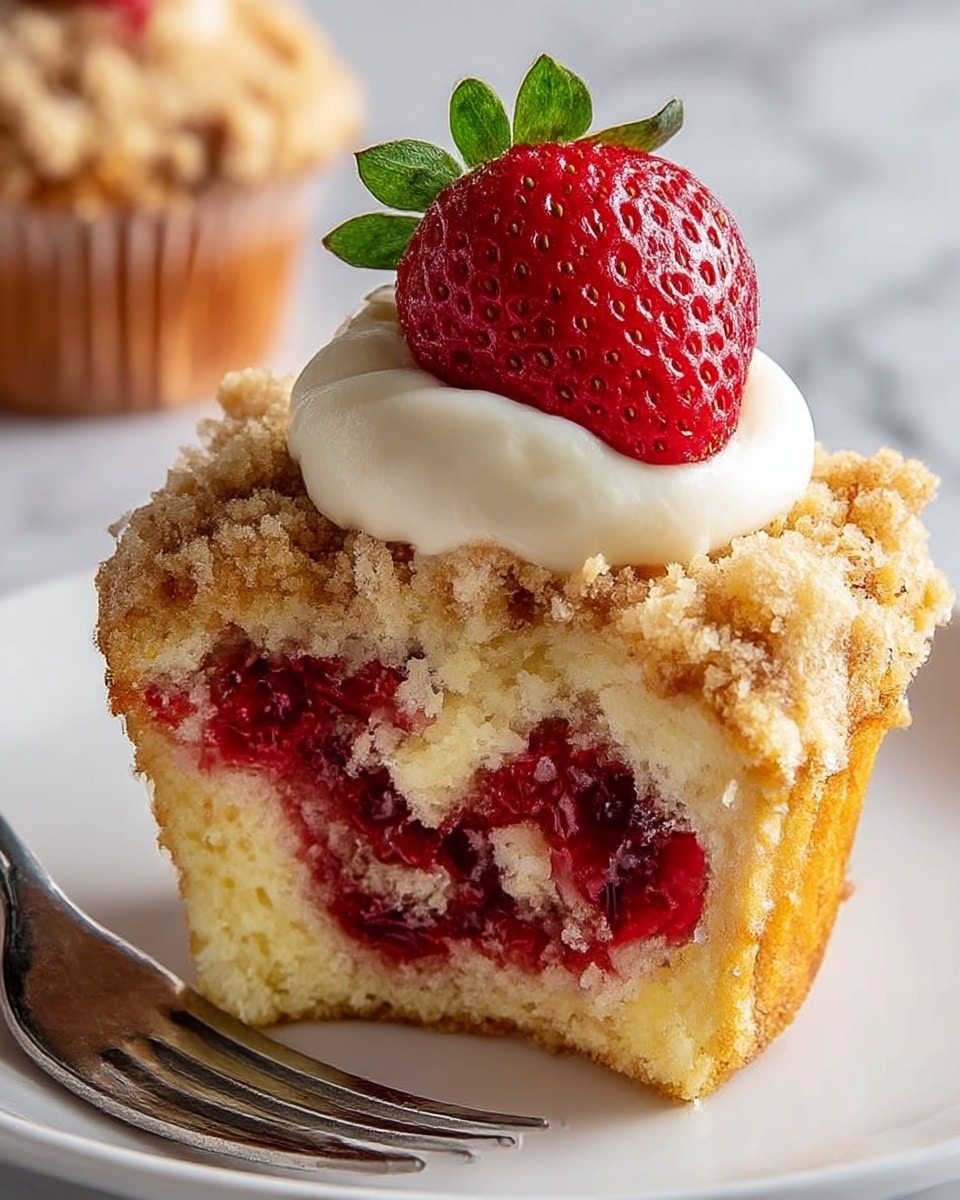 A close-up of a muffin with three main layers: the bottom layer is a soft, light yellow cake with visible bits of red berry inside, the middle layer is a bright red jam filling swirled within the cake, and the top layer is a crunchy, golden brown crumb topping sprinkled unevenly over the surface. On top of the muffin sits a smooth, white cream dollop crowned with a ripe, red strawberry with green leaves. The muffin is on a white plate with a silver fork nearby, and the plate rests on a white marbled surface. photo taken with an iphone --ar 4:5 --v 7