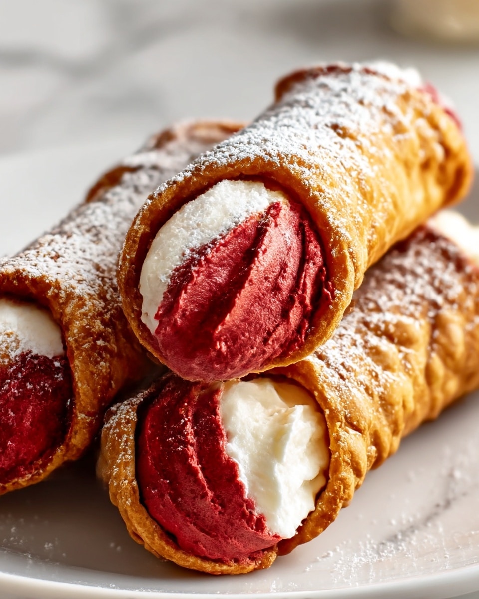Three crispy, golden-brown cannoli shells are stacked closely together on a white plate with a white marbled texture background. Each cannoli is filled with a smooth, dense, rich red cream that fills the shells fully, extending slightly beyond the edges. The ends of the cream have a slightly textured surface and are dusted with a light sprinkle of white powdered sugar that sits softly on the shell and cream. The overall look is warm and inviting with a focus on the creamy red filling and the contrast between the crispy shell and the soft topping. Photo taken with an iphone --ar 4:5 --v 7