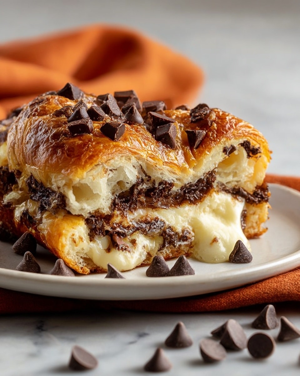 A close-up view of a rich, flaky pastry with three visible layers: the top layer is golden brown, puffed, and sprinkled with dark chocolate chunks and chips, creating a crunchy texture; the middle layer shows a mix of airy pastry bread with melted dark chocolate spread inside; the bottom layer features creamy, gooey melted cheese, oozing out and mingling with more dark chocolate bits. The pastry rests on a white plate with chocolate chips scattered around its base, placed on a white marbled surface partially covered with an orange cloth. Photo taken with an iphone --ar 4:5 --v 7