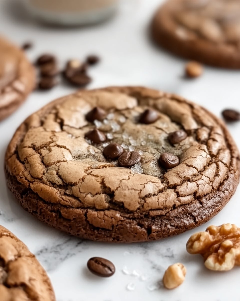 A close-up image of a cracked chocolate cookie with a soft, slightly wrinkled top layer showing a mix of light and dark brown shades with small chocolate chips embedded on the surface. The cookie rests on a white marbled surface with a few coffee beans and some walnut pieces scattered around, adding texture and contrast. The edges of the cookie are slightly darker, indicating a crispy texture, while the middle looks soft and chewy. The photo taken with an iphone --ar 4:5 --v 7
