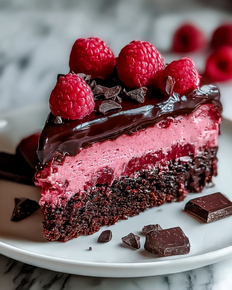 A slice of layered chocolate raspberry cake on a white plate features three distinct layers: a bottom dark, moist chocolate cake layer, a middle bright pink creamy raspberry mousse layer with a smooth texture, and a top shiny, dark chocolate glaze layer. The top is decorated with fresh red raspberries and scattered pieces of dark chocolate chunks. Some dark chocolate pieces are also placed around the slice on the plate. The background is blurred with a white marbled texture beneath the plate. photo taken with an iphone --ar 4:5 --v 7