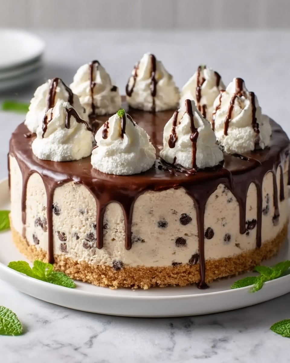 The image shows a round cake with three clear layers on a white plate, placed on a white marbled surface. The bottom layer is a light brown crumbly crust, the middle layer is thick and creamy with a light beige color filled with small dark chocolate chip pieces, and the top layer is smooth and dark chocolate, dripping slightly down the sides. On top, there are seven evenly spaced dollops of white whipped cream, each topped with a small drizzle of dark chocolate. Some fresh green mint leaves are scattered around the plate’s edges. photo taken with an iphone --ar 4:5 --v 7