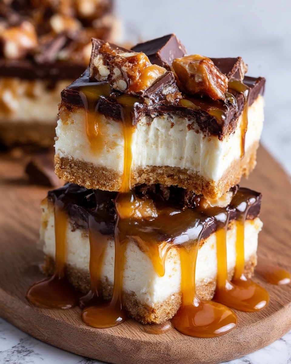 Two thick square cheesecake bars stacked on a wooden board with a white marbled background, each bar showing three layers: a crumbly light brown cookie crust at the bottom, a creamy white cheesecake middle, and a shiny dark chocolate topping mixed with rough pieces of peanut candy on top. The bars are drizzled generously with golden caramel sauce that drips down the sides and pools on the board, creating a rich and gooey appearance, with the top bar having a bite taken out showing the soft inside. Photo taken with an iphone --ar 4:5 --v 7