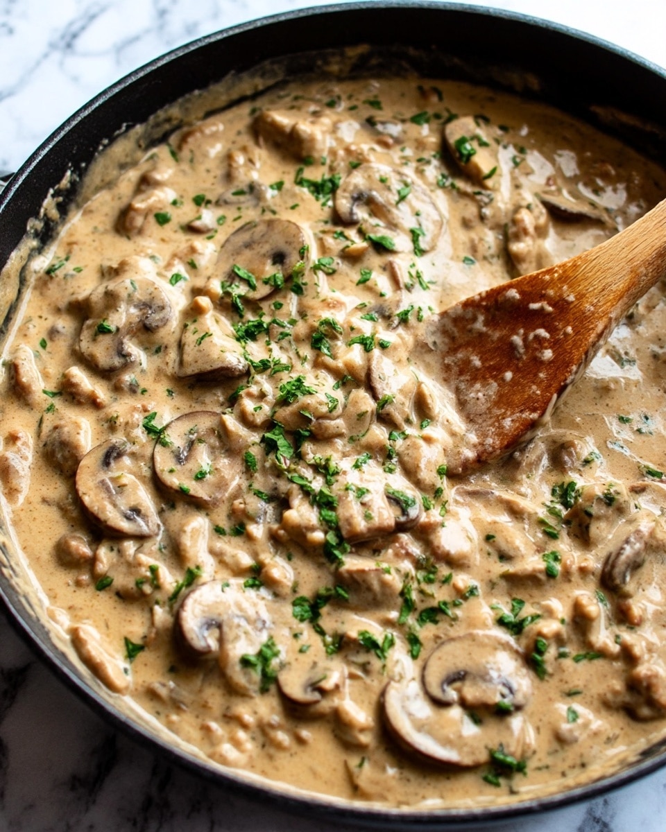 A close-up view of a black pan filled with creamy mushroom sauce. The sauce has multiple layers showing soft, light brown creamy texture mixed with sliced brown mushrooms scattered throughout. Small green herb pieces are sprinkled on top for color. A wooden spoon is partially placed in the sauce at the upper-right side of the pan. The pan sits on a white marbled surface. photo taken with an iphone --ar 4:5 --v 7