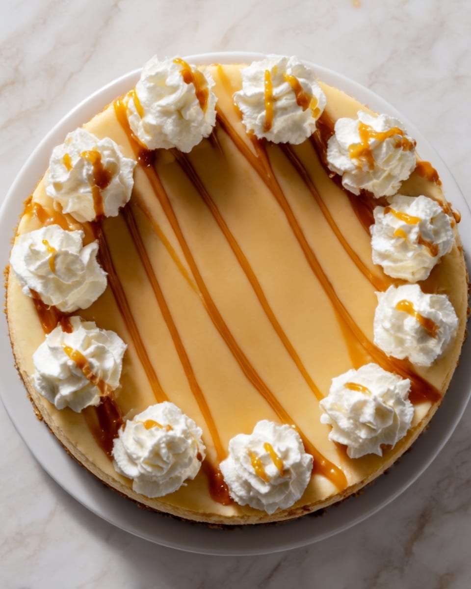 A round cheesecake with a smooth caramel-colored top layer, drizzled with thin caramel sauce lines across the surface. Around the edge of the cheesecake, there are evenly spaced dollops of white whipped cream, each topped with a small drizzle of caramel sauce. The cheesecake sits on a white plate that contrasts with the white marbled surface beneath it. The texture of the cheesecake looks creamy and firm, while the whipped cream appears light and fluffy. Photo taken with an iphone --ar 4:5 --v 7