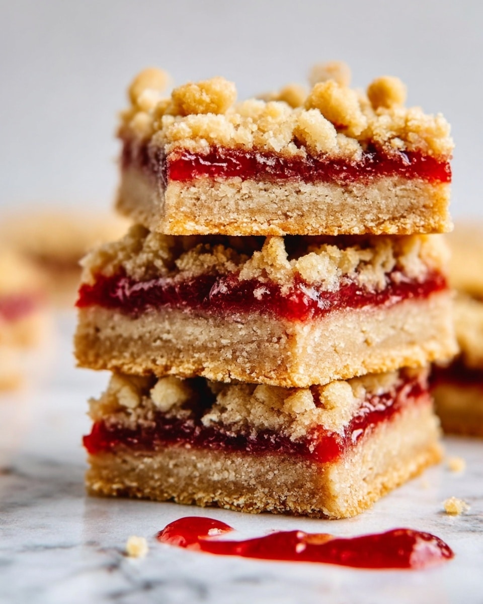 The image shows a stack of three rectangular bar cookies with three clear layers. The bottom layer is thick and light brown with a crumbly texture, the middle layer is a thin bright red jelly or jam spread, and the top layer is a golden-brown crumbly topping with small clumps. The bars sit on a white marbled surface with a bit of red jam smeared near the base. The photo taken with an iphone --ar 4:5 --v 7