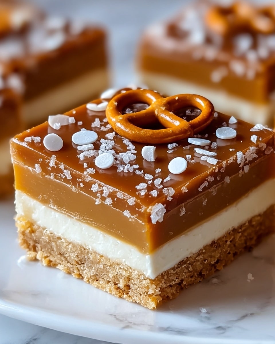 A close-up of a square dessert with three visible layers: the bottom layer is a crumbly, light brown base; the middle layer is a smooth, thick caramel brown layer topped with a white creamy layer in the center; the top layer is a glossy caramel brown layer decorated with large white salt crystals, small white chips, and a small round pretzel on top. The dessert sits on a white plate with a white marbled background. photo taken with an iphone --ar 4:5 --v 7