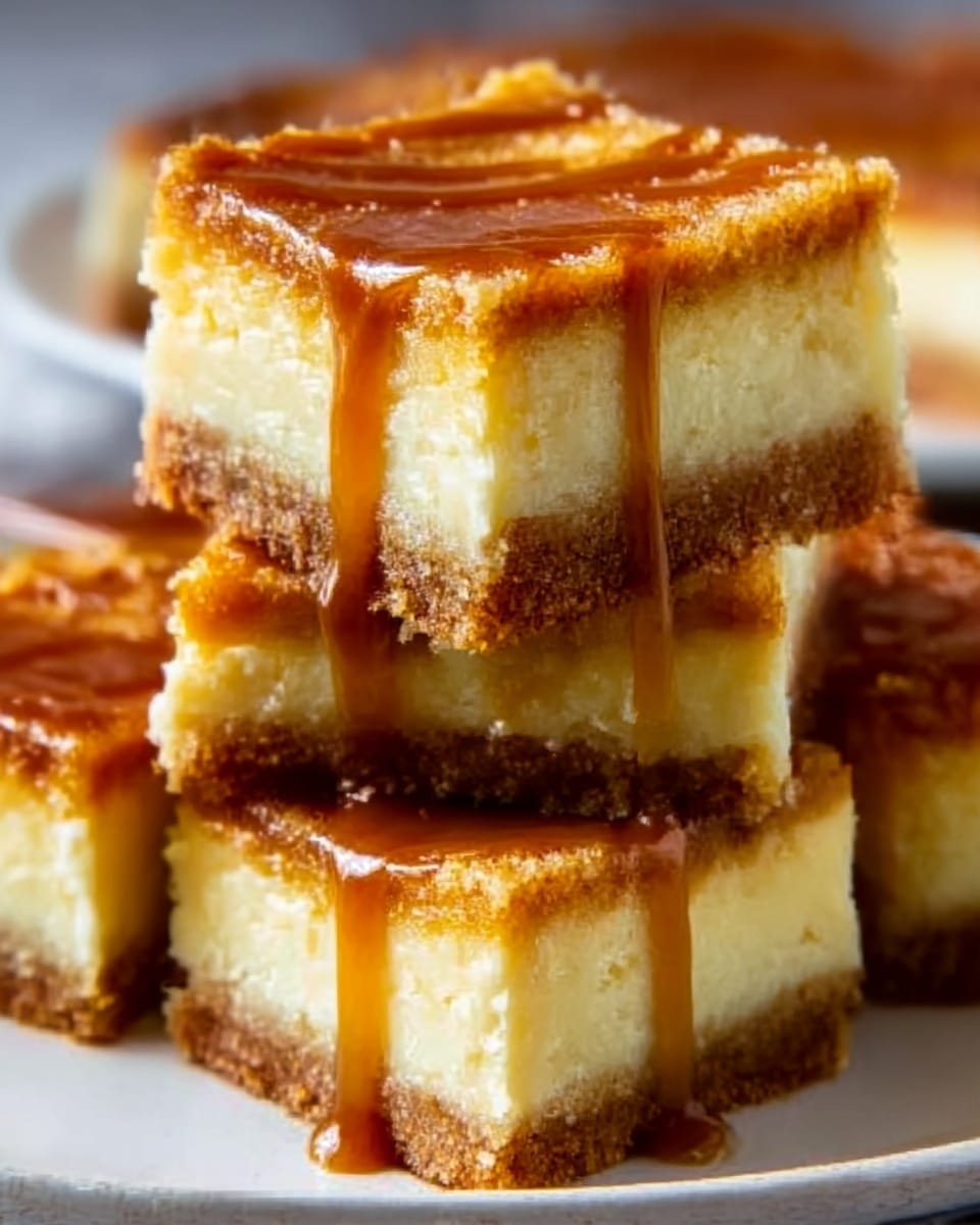 A close-up of a stack of five cheesecake bars on a white marbled surface, each bar showing three layers: a bottom crust layer in dark brown with a crumbly texture, a middle layer of creamy off-white cheesecake that is smooth and dense, and a top layer drizzled with a glossy golden caramel sauce that shines under the light. The bars are cut into squares, stacked unevenly to show their thickness and texture. Photo taken with an iphone --ar 4:5 --v 7