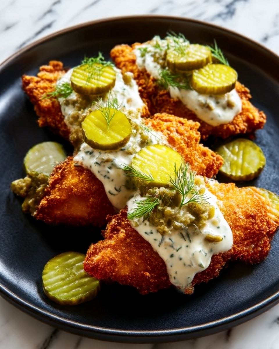 The image shows a black plate with three crispy golden-brown fried pieces arranged side by side. Each piece is topped with a creamy white sauce that has green herbs mixed in, and there are several slices of bright green pickles placed on top and around the fried pieces. The plate is set on a white marbled surface, adding a clean and elegant background to the rich colors of the food. Photo taken with an iphone --ar 4:5 --v 7