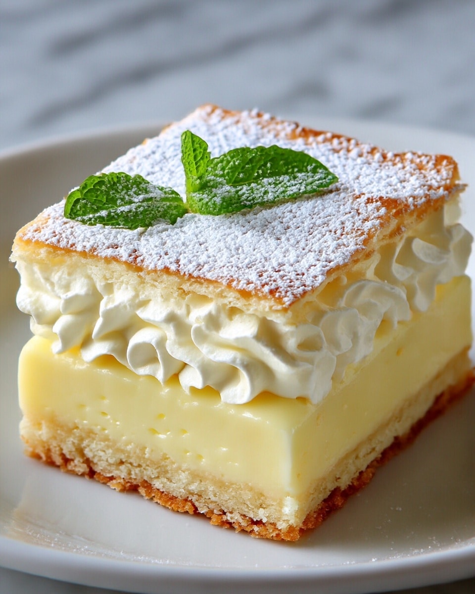 A three-layered square dessert is shown, starting with a light brown, crumbly bottom crust layer, followed by a thick, creamy pale yellow custard middle layer that looks smooth and dense. Above the custard is a fluffy, pale yellow whipped cream or mousse layer with soft ruffles. The top layer is a lightly browned, thin cake or pastry sheet dusted generously with white powdered sugar. A small, fresh green mint leaf sits on top for decoration. The dessert is set on a white plate with a delicate pattern, and a white marbled textured surface is visible under the plate. photo taken with an iphone --ar 4:5 --v 7