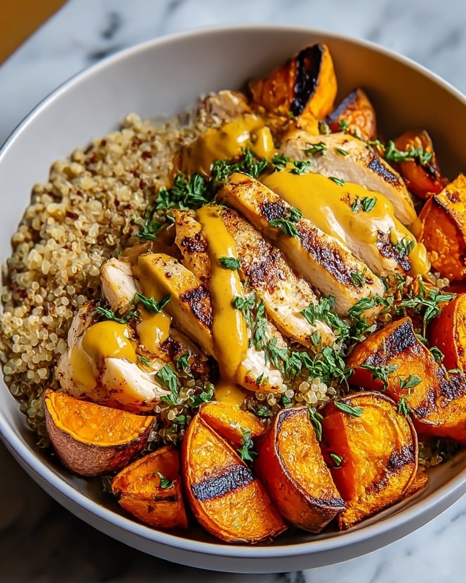 The dish is served in a white bowl and shows three main layers: the bottom layer is light-colored quinoa with a soft, round texture; on top of that, there are grilled chicken slices with a golden-brown char and a smooth yellow mustard sauce drizzled over them; surrounding the chicken are bright orange roasted sweet potato chunks with dark grill marks and a slightly crispy texture, garnished with fresh green herbs scattered around. The overall look is warm and colorful, set on a white marbled texture. photo taken with an iphone --ar 4:5 --v 7