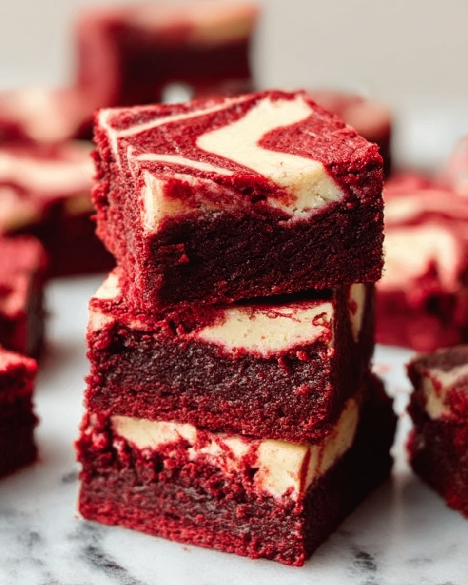 The image shows a stack of three thick brownies with distinct layers on a white marbled surface. Each brownie has a dark, rich red outer layer with a smooth, creamy white swirl running inside, creating a marbled effect. The top of the brownies has a slightly rough, cracked texture with a deep red color. The stack is arranged neatly, showing the contrast between the red and white layers clearly. The photo taken with an iphone --ar 4:5 --v 7