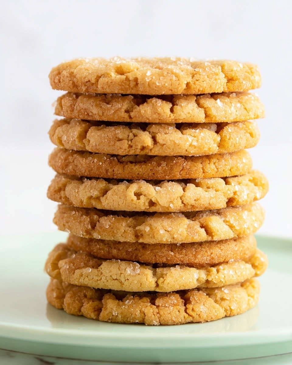 A close-up view of a stack of six golden brown cookies on a white plate with a smooth surface, arranged evenly one on top of another. Each cookie shows a slightly cracked and crumbly texture with small sugar crystals glistening on the surface. The edges are rough and uneven, and the cookies appear thick and soft. The background is simple with a white marbled texture. photo taken with an iphone --ar 4:5 --v 7