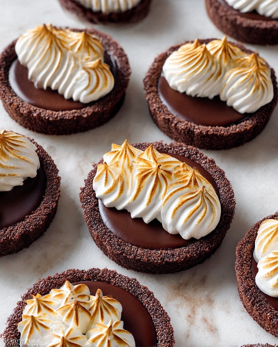 The image shows several round chocolate tarts on a white marbled surface, each with a dark chocolate filling and a crumbly dark brown crust. On top of the chocolate filling, some tarts have a bright white meringue decoration, either piped in smooth, wavy lines or in star-shaped patterns with golden-brown toasted tips. The meringue layers add height and texture contrast, alternating between smooth waves and pointed stars, placed mostly off-center on the tarts. The overall look is rich and elegant with a mix of dark brown, white, and toasted golden colors. photo taken with an iphone --ar 4:5 --v 7