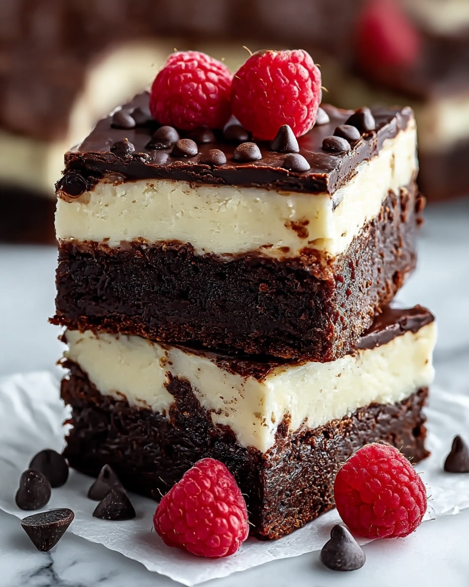 Two square brownie pieces are stacked on top of each other on a piece of white parchment paper over a white marbled texture. Each brownie has three visible layers: a bottom thick dark brown chocolate base, a middle creamy white cheesecake layer, and a glossy dark brown chocolate layer on top dotted with small chocolate chips. Two fresh red raspberries sit on the top brownie and one raspberry is near the base of the stack along with several chocolate chips scattered around. The edges of the brownies are slightly cracked, showing a moist texture inside. photo taken with an iphone --ar 4:5 --v 7