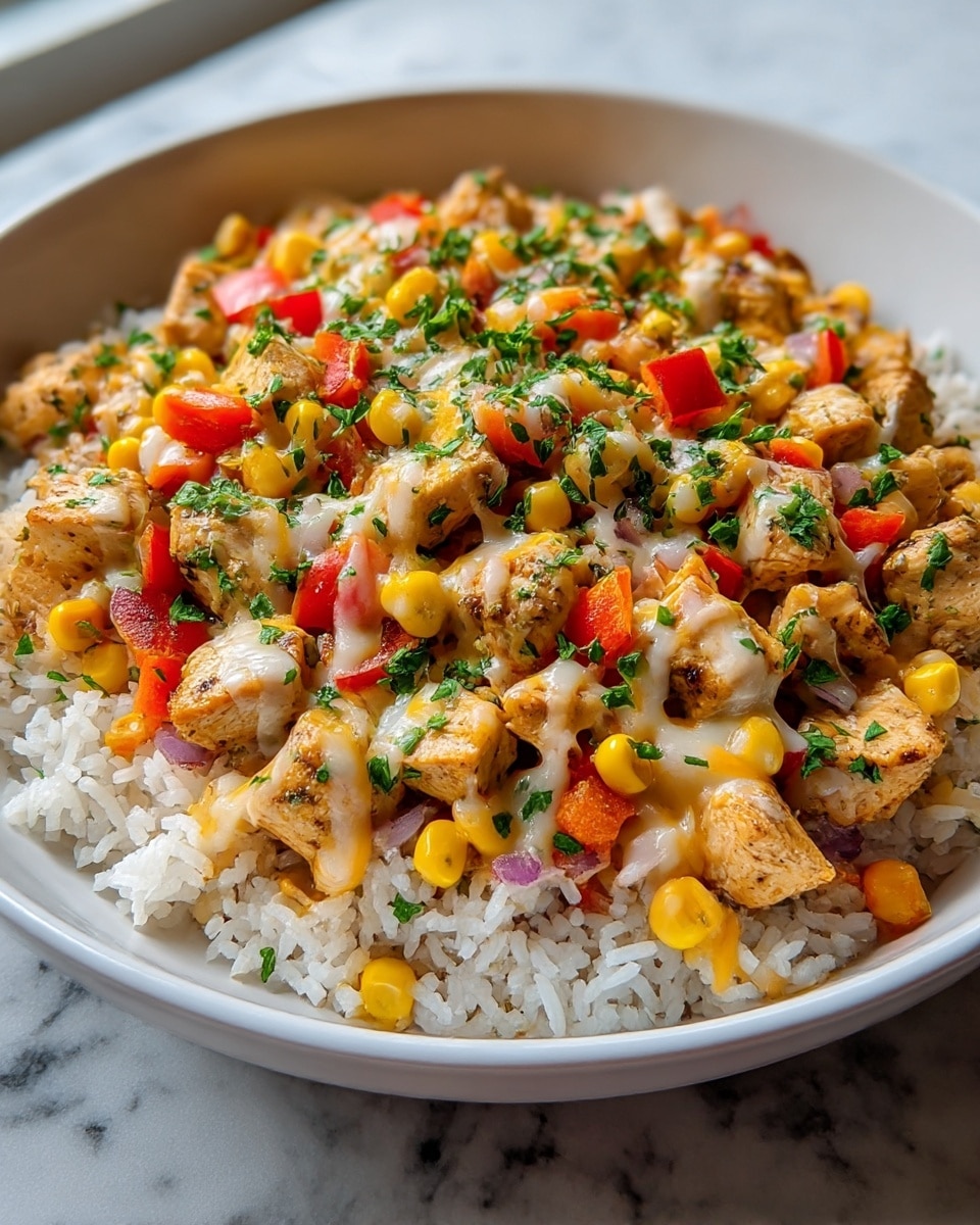 A close-up view of a white bowl filled with three main layers: the bottom layer is fluffy, white rice; the middle layer consists of grilled chicken pieces with a golden-brown color mixed with black beans and small colorful diced vegetables including red bell peppers, yellow corn, and red onions; the top layer is melted yellow and white cheese drizzled with a creamy white sauce and sprinkled with finely chopped green herbs giving it a fresh look, all resting on a white marbled surface. photo taken with an iphone --ar 4:5 --v 7