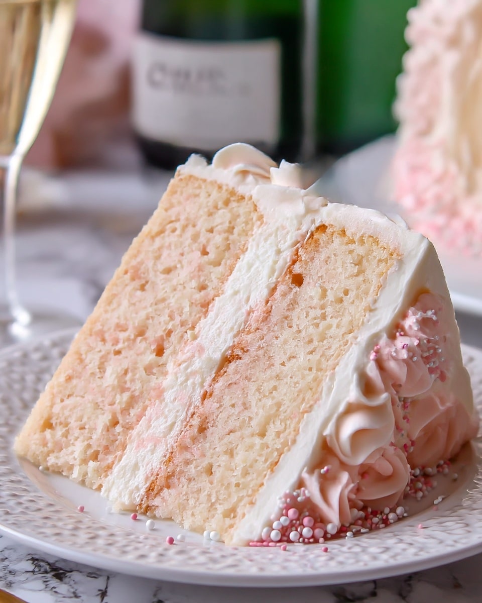 A slice of soft pink layered cake sits on a white plate with a subtle patterned rim, placed on a white marbled surface. The cake has three layers of light pink sponge, separated by two thin layers of smooth white frosting. The outside of the cake is coated with a thick layer of creamy white frosting, with decorative swirls at the base, topped with white and light pink sprinkles and small white candy strands. The background shows a blurry bottle and another dessert, adding softness to the scene. Photo taken with an iphone --ar 4:5 --v 7