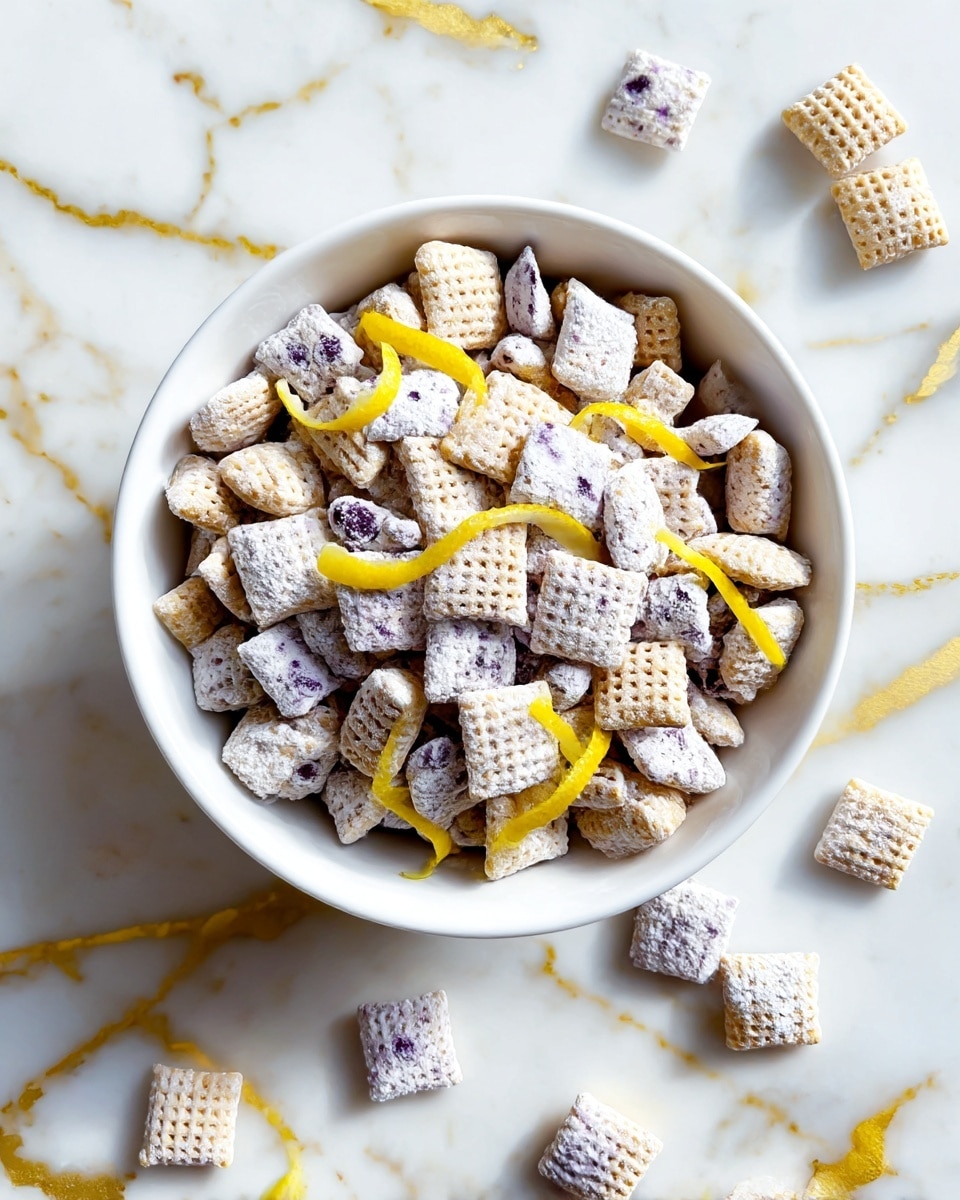 A white bowl filled with two types of small square cereal pieces, one type is plain light beige with a waffle texture, and the other type is coated with white powdered sugar and spotted with dark purple blueberry bits, giving a soft, powdery look. Scattered yellow lemon zest strips are sprinkled on top and mixed within the cereal pieces. A few cereal squares are placed outside the bowl on a white marbled surface with a gold crack detail on the side. The bright lighting highlights the textures and colors clearly. photo taken with an iphone --ar 4:5 --v 7