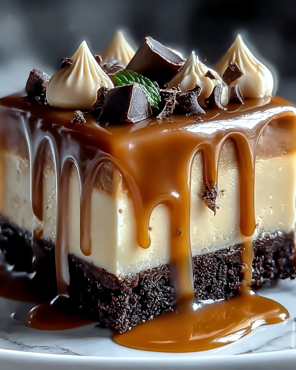 A close-up view of a three-layer dessert square on a white plate with a white marbled texture background. The bottom layer is dark and crumbly, resembling a rich chocolate crust. Above it is a thick, smooth light caramel-colored layer. The top layer has a glossy caramel sauce dripping down the sides, topped with dollops of light caramel cream, small dark chocolate shavings, and a tiny green mint leaf in the center. The caramel sauce pools slightly on the plate around the dessert. Photo taken with an iphone --ar 4:5 --v 7