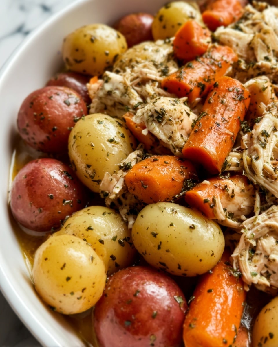 The image shows a close-up of a dish with three layers. The bottom layer is made of whole small potatoes in yellow and red colors, with a slightly shiny and smooth texture. On top of the potatoes is a layer of large carrot chunks that are bright orange and have a slightly soft texture. The top layer consists of shredded chicken pieces covered in green herbs, making the texture look tender and seasoned. All the food is inside a white bowl on a white marbled surface. Photo taken with an iphone --ar 4:5 --v 7