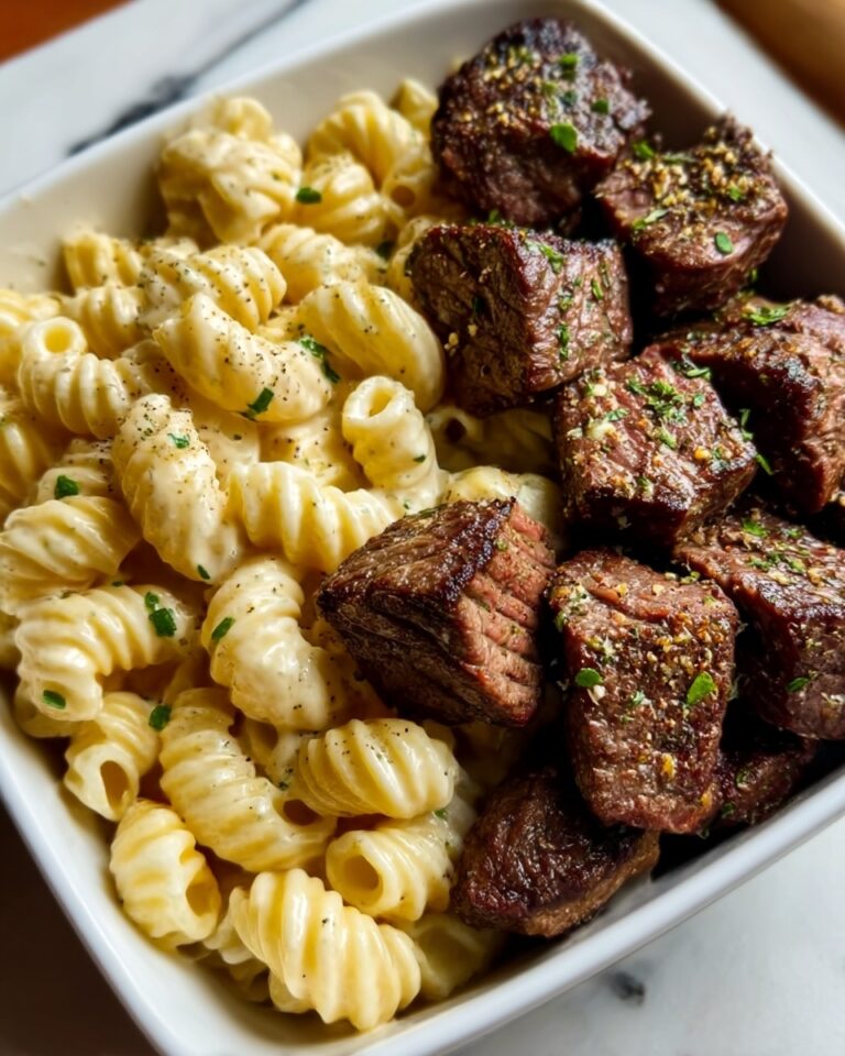 Steak Bites with Shell Pasta in Garlic Butter Alfredo Sauce Recipe
