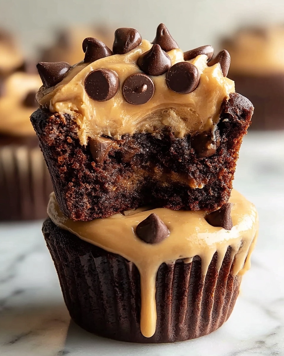 The image shows a rich, dark brown chocolate cupcake with a smooth, light brown peanut butter frosting layer on top that drips slightly down the sides. On top of the frosting are several dark chocolate chips, adding texture and contrast. Resting on the cupcake is a cut piece showing multiple layers: a dense, moist chocolate base, topped with a peanut butter layer mixed with chocolate swirls and embedded chocolate chips. The cut piece highlights the creamy texture of the peanut butter mixed with the dense chocolate, giving a marbled effect with dark and light tones. All of this is set on a white marbled surface. Photo taken with an iphone --ar 4:5 --v 7
