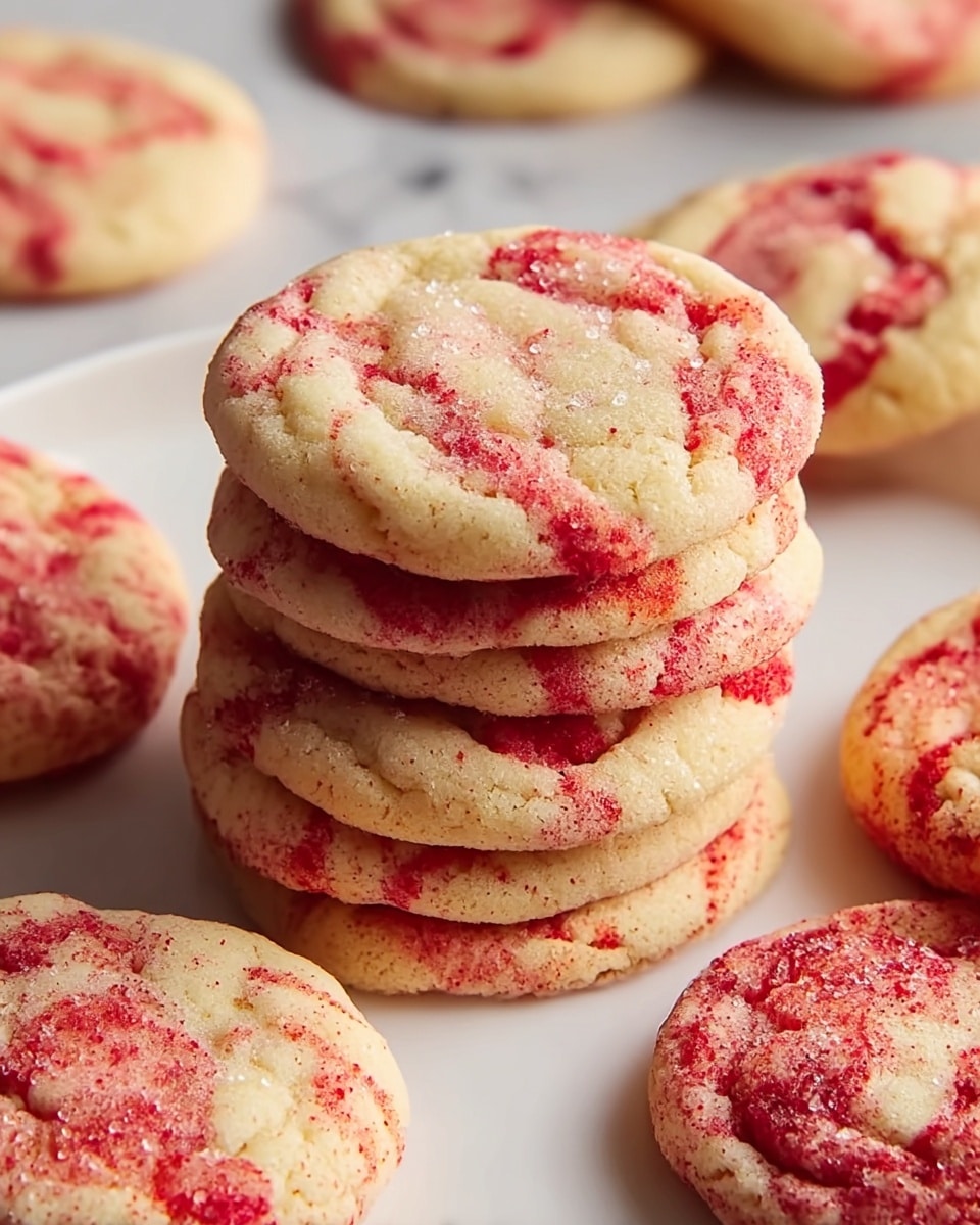 A close-up view of eight round, soft cookies arranged on a white surface with a white marbled texture; five cookies lie flat showing their slightly cracked tops, creamy beige in color with bright red swirls and specks mixed throughout, and a stack of three cookies placed in the center creating a small tower, highlighting the cookies' soft texture and the contrast between the pale dough and vibrant red streaks; the cookies have a slightly crumbly and sugar-coated surface, giving a homemade and inviting look. photo taken with an iphone --ar 4:5 --v 7