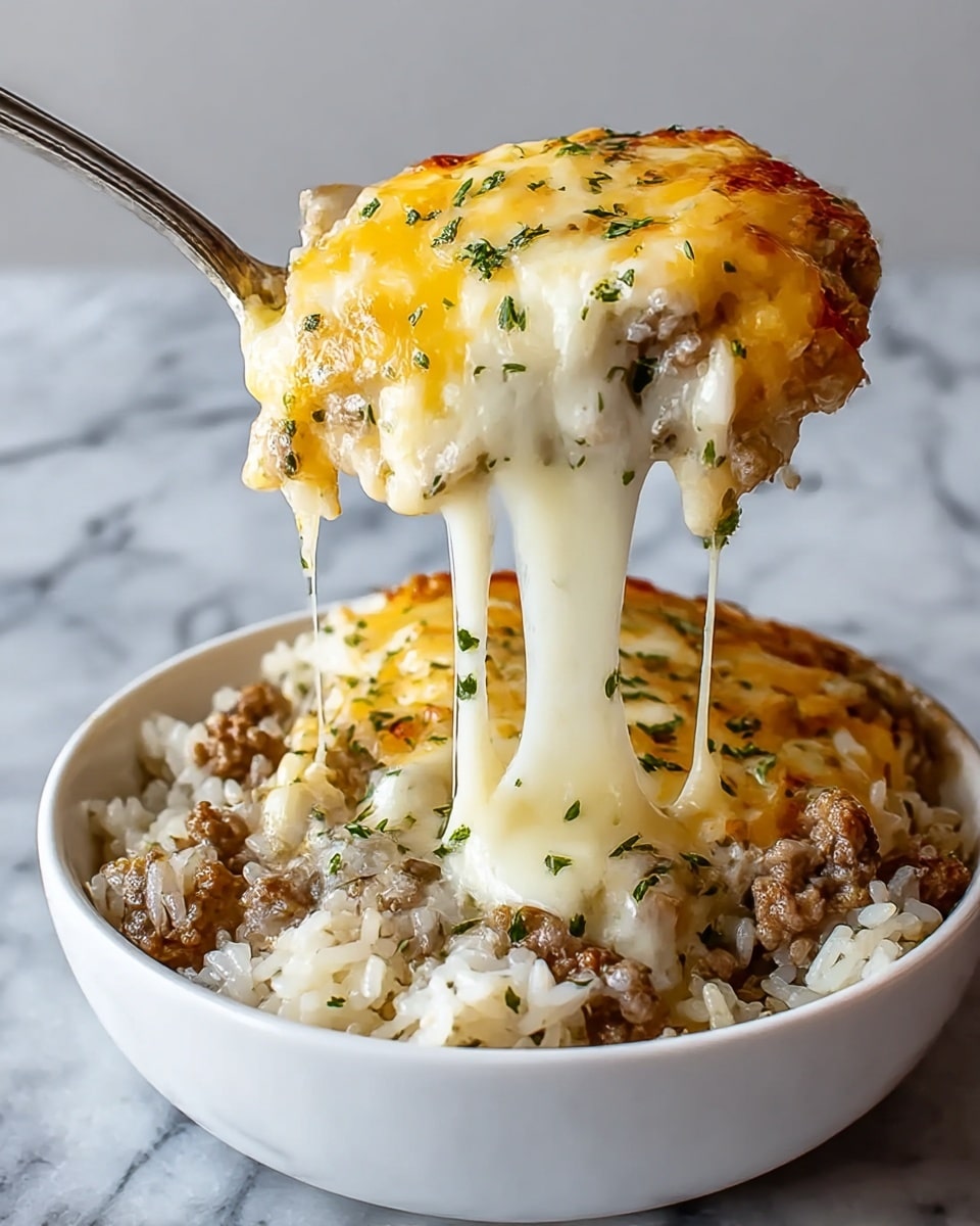 A white bowl filled with a layered dish starting with a base of white rice mixed with small pieces of cooked ground meat that looks brown and tender. On top of the meat and rice, there is a thick layer of melted cheese with both white and golden yellow shades, stretching as it is lifted with a silver spoon. Small green herb bits are sprinkled over the melted cheese, adding a fresh touch. The bowl sits on a white marbled surface. photo taken with an iphone --ar 4:5 --v 7