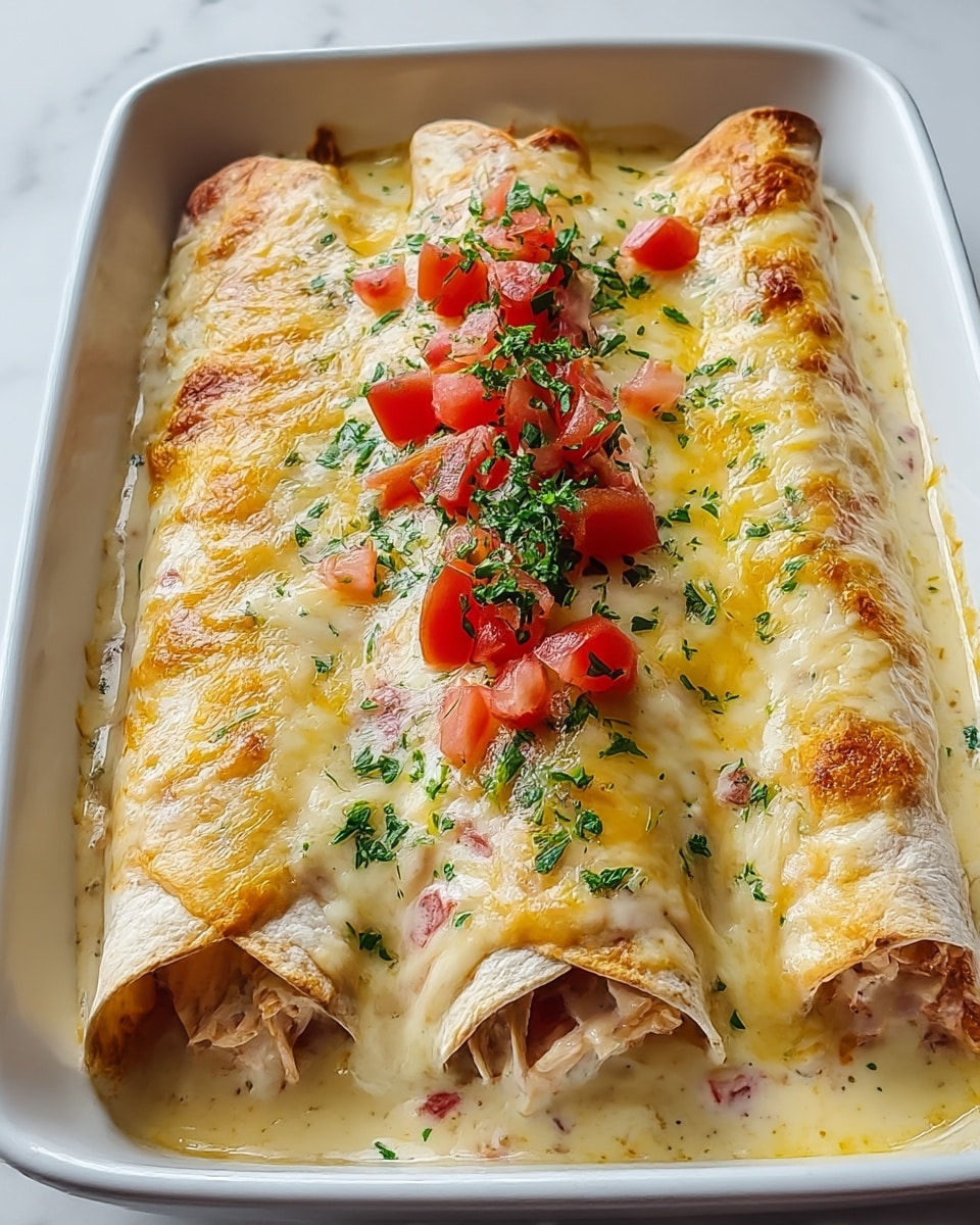 Three rolled tortillas filled with shredded chicken and chunks of red peppers are placed side by side in a white dish. They are covered with a creamy, slightly yellow cheese sauce that has some browned spots from baking. On top, a layer of melted white cheese is sprinkled with chopped green herbs and small pieces of fresh, bright red tomatoes. Around the edges, the sauce pools slightly, showing a smooth, rich texture. The whole dish rests on a white marbled surface. photo taken with an iphone --ar 4:5 --v 7