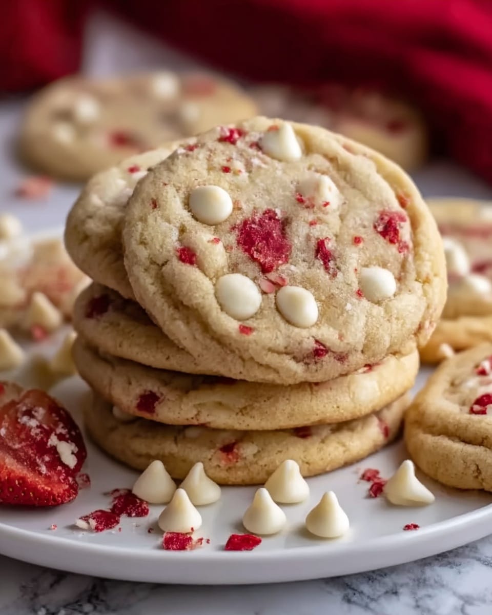 The image shows a stack of soft cookies with a light golden color, each cookie studded with white chocolate chips and pieces of red dried strawberries scattered on top and inside. The top cookie leans slightly forward, displaying a rough, chewy texture with visible white chocolate and vibrant red fruit bits. White chocolate chips are also scattered lightly around the base on a white marbled surface. A woman's hand is holding the stack gently on the left side. The overall scene is warm and inviting, highlighting the mix of creamy white chips and bright red fruit against the pale cookie dough. photo taken with an iphone --ar 4:5 --v 7