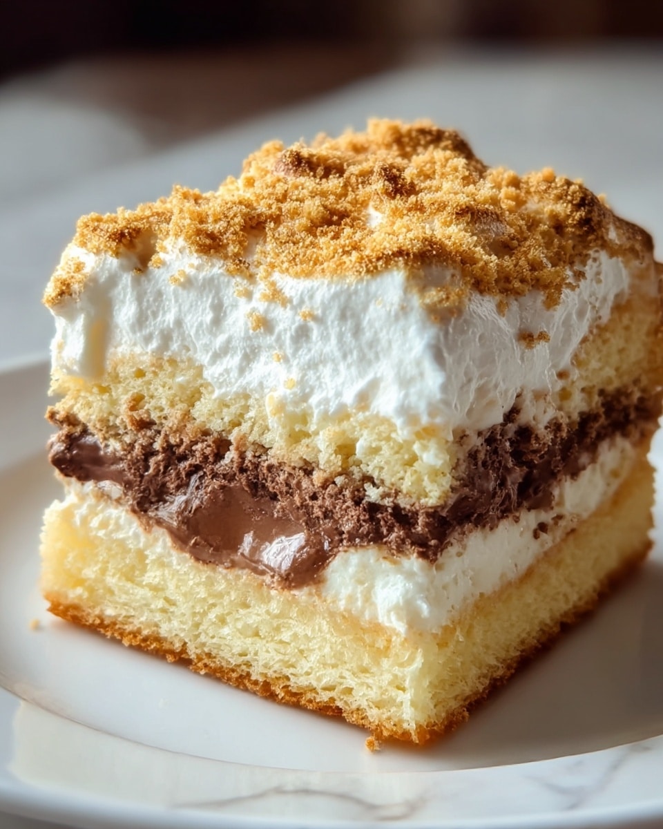 A close-up of a layered dessert square with three main layers: the bottom layer is a light golden cake base, soft and spongy in texture; the middle layer is a rich, creamy chocolate filling with a smooth, slightly melted appearance and dark brown color, nestled between the cake and the top layer; the top layer is thick, fluffy white cream, generously covered with a fine dusting of light brown crumbly topping, creating a textured, slightly uneven surface. The dessert sits on a simple white plate with a white marbled texture in the background. Photo taken with an iphone --ar 4:5 --v 7
