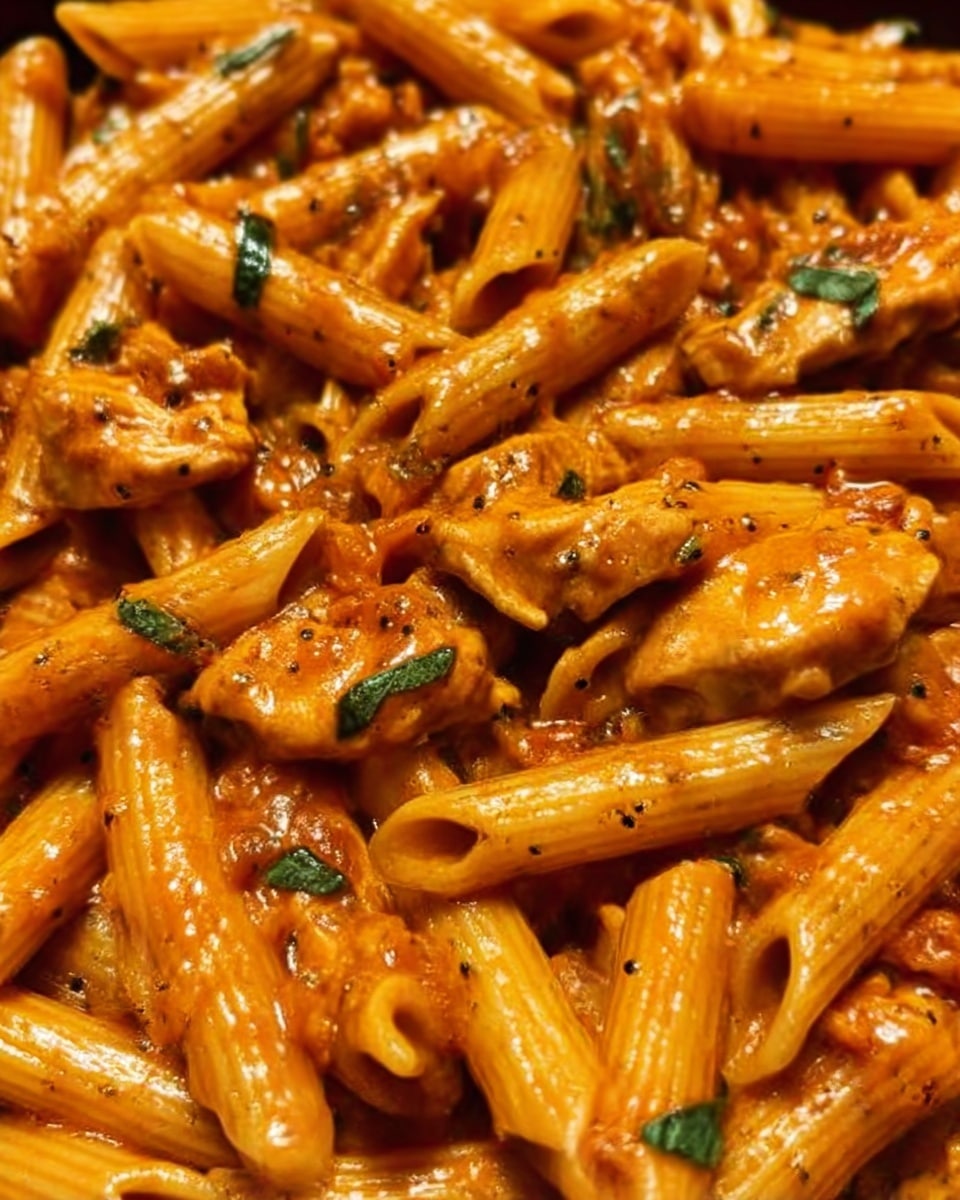 The image shows close-up penne pasta mixed with pieces of chicken, all coated in a shiny, thick orange-red sauce. The pasta is smooth and slightly ridged, while the chicken pieces are tender, light brown, and scattered evenly throughout. Small bits of green herbs are sprinkled on top, adding a touch of color. The dish looks rich and glossy, filling the frame fully with no plate visible. Photo taken with an iphone --ar 4:5 --v 7