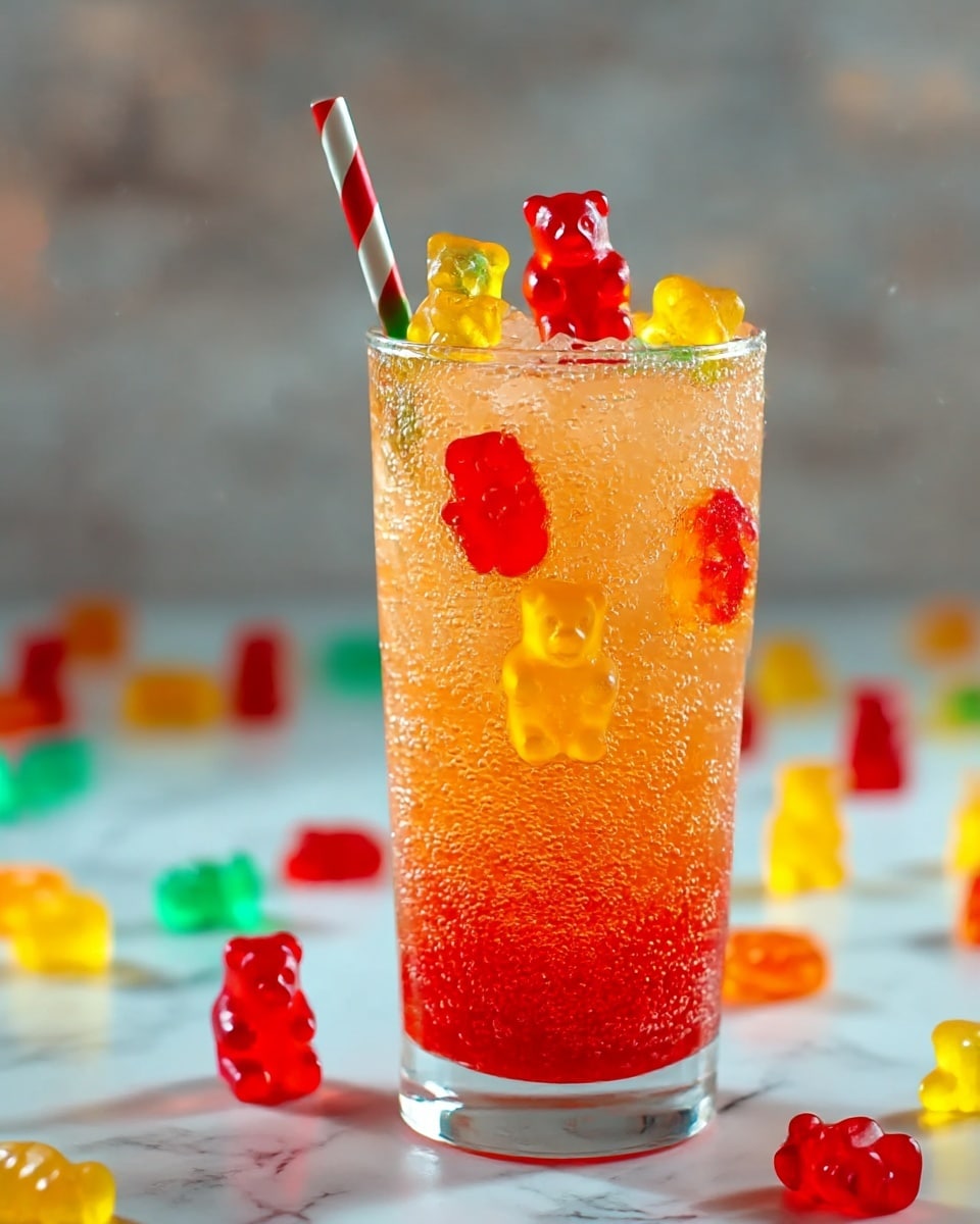 A tall clear glass filled with a fizzy orange-red drink shows many colorful gummy bears floating inside and piled on top. The bottom layer is a deep red color with lots of bubbles rising through the liquid. Above it, the drink changes to a lighter orange shade, mixing with yellow, green, and red gummy bears evenly spread. The rim of the glass has sugar crystals, and a striped green and red paper straw sticks out from the top. The glass sits on a white marbled surface with scattered gummy bears in red, yellow, green, and blue around it. The soft background has blurred pastel colors that give a joyful party mood. Photo taken with an iphone --ar 4:5 --v 7