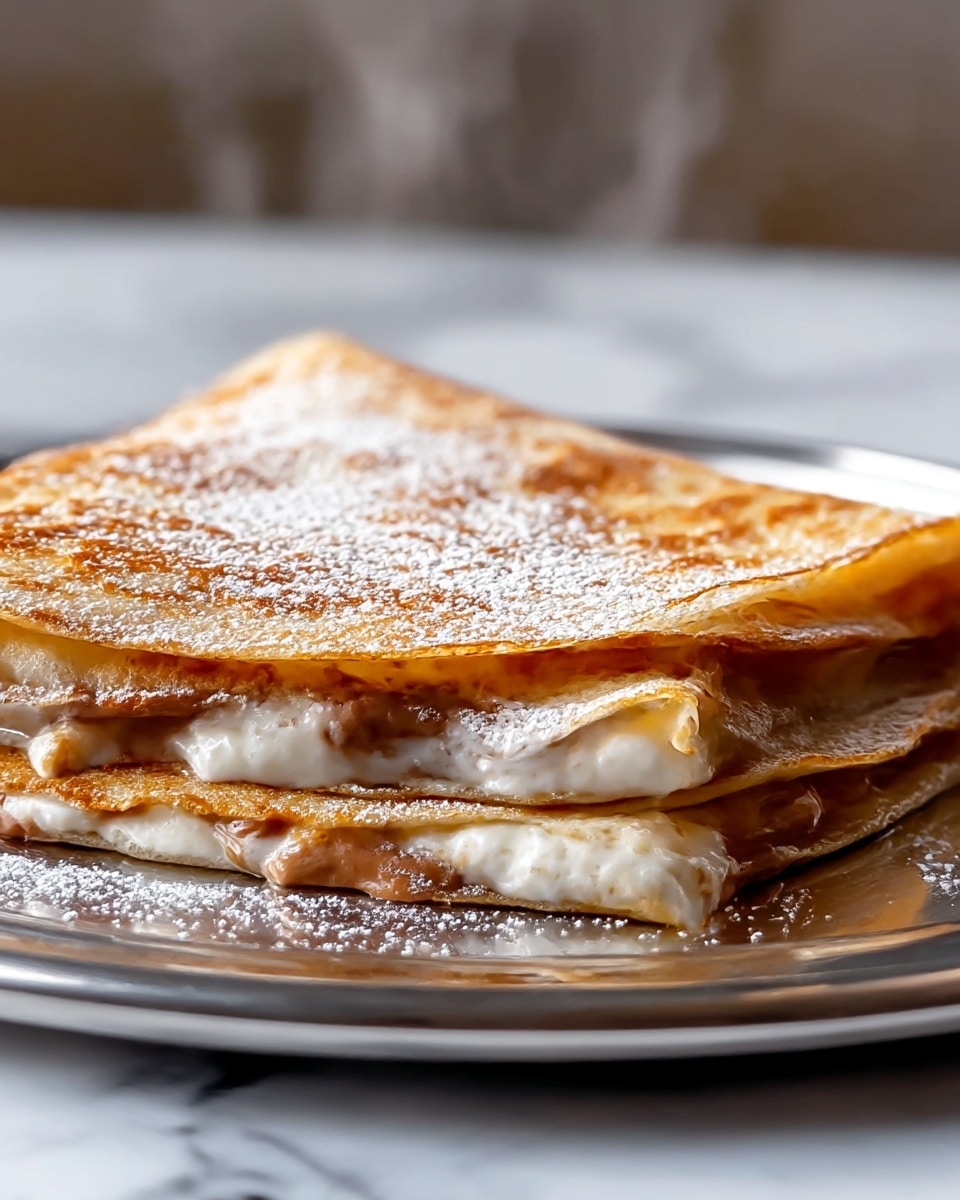 The image shows a toasted, folded flatbread with two layers, placed on a smooth surface with some powdered sugar sprinkled around. The top flatbread layer is golden brown and crispy with a slightly uneven texture. Inside, the middle layer is a melted white cheese, soft and gooey, oozing slightly at the edges, and the bottom flatbread layer mirrors the top with its toasted golden texture. Steam rises gently from the warm flatbread, emphasizing its fresh and hot state. Photo taken with an iphone --ar 4:5 --v 7