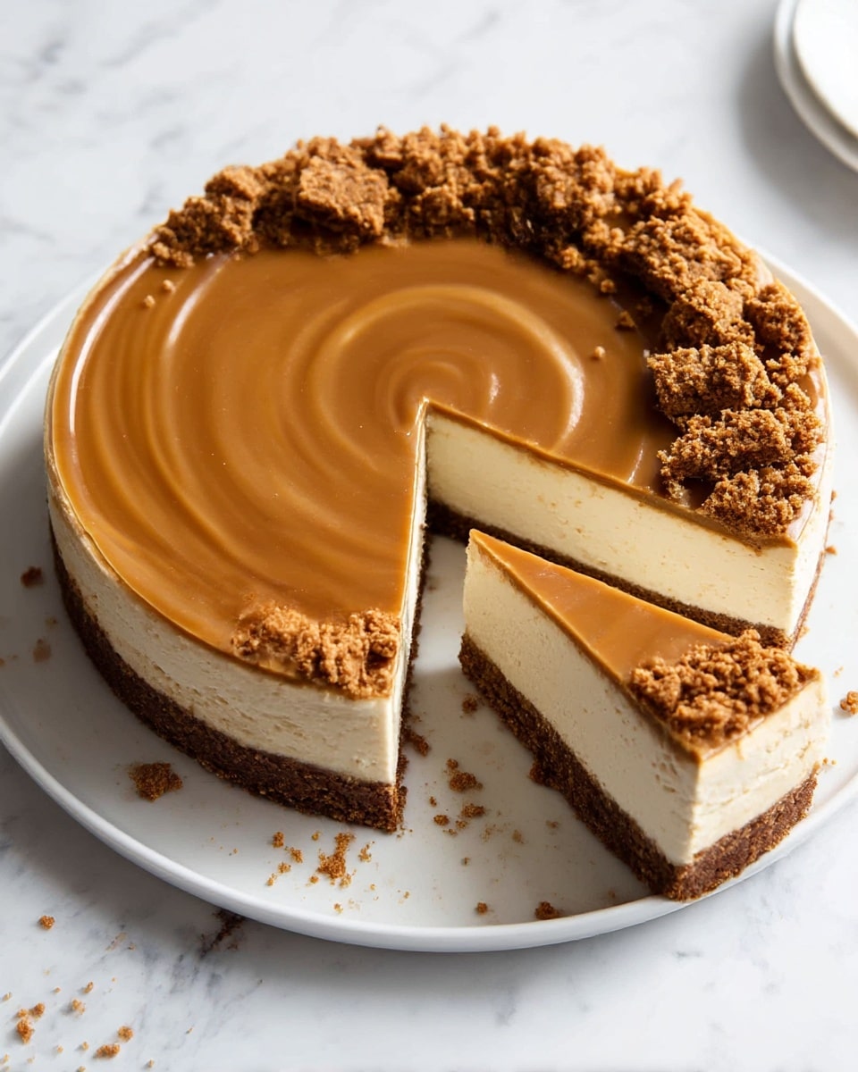 A round cheesecake with three clear layers sits on a white plate. The bottom layer is a dark brown crumbly crust, firm and pressed. The middle layer is thick, creamy, and pale beige, smooth in texture. The top layer is a shiny, medium brown caramel glaze with a swirl pattern in the center. Around the edge of the cheesecake, there are clusters of crumbly golden brown cookie pieces scattered evenly. Three slices have been cut and slightly separated, showing the clean lines between layers. A few crumbs are scattered on the plate and the surface beneath is white marbled. photo taken with an iphone --ar 4:5 --v 7